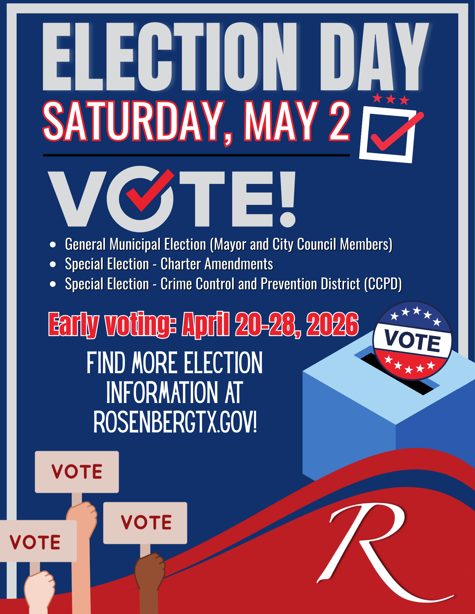 Election Day for the 2026 General Election is Saturday, May 2.