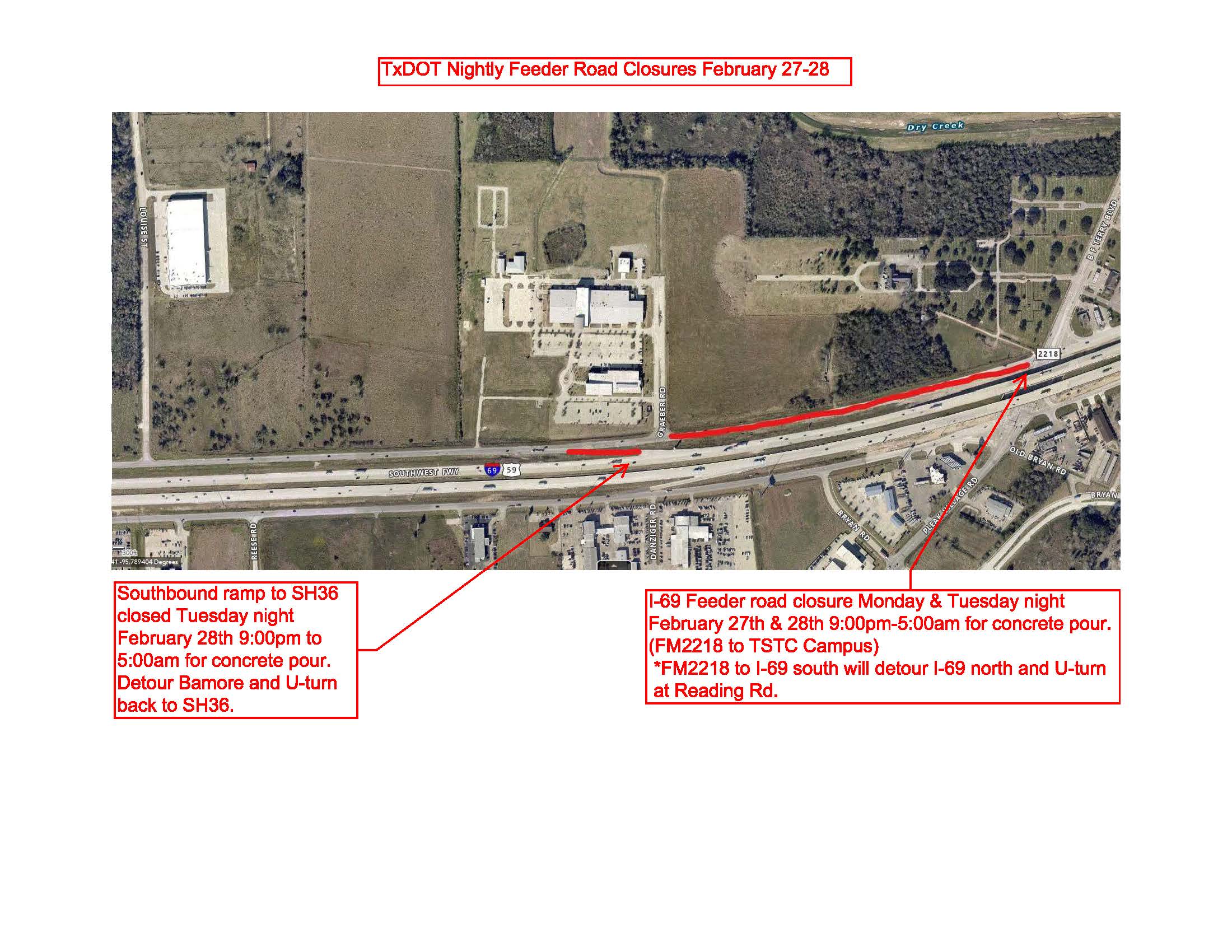 I-69 Feeder Lane closure FM2218 to TSTC and SH36 ramp Map (JPG)